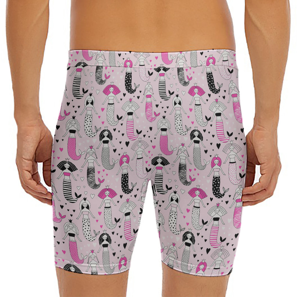 Pink Girly Mermaid Pattern Print Men's Long Boxer Briefs