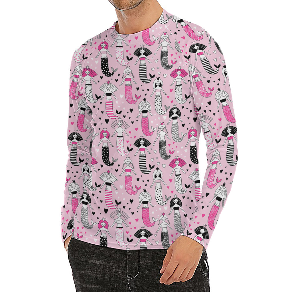 Pink Girly Mermaid Pattern Print Men's Long Sleeve Rash Guard