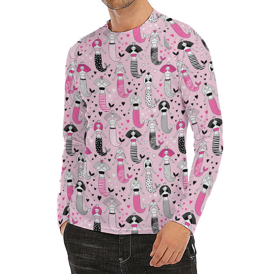 Pink Girly Mermaid Pattern Print Men's Long Sleeve Rash Guard