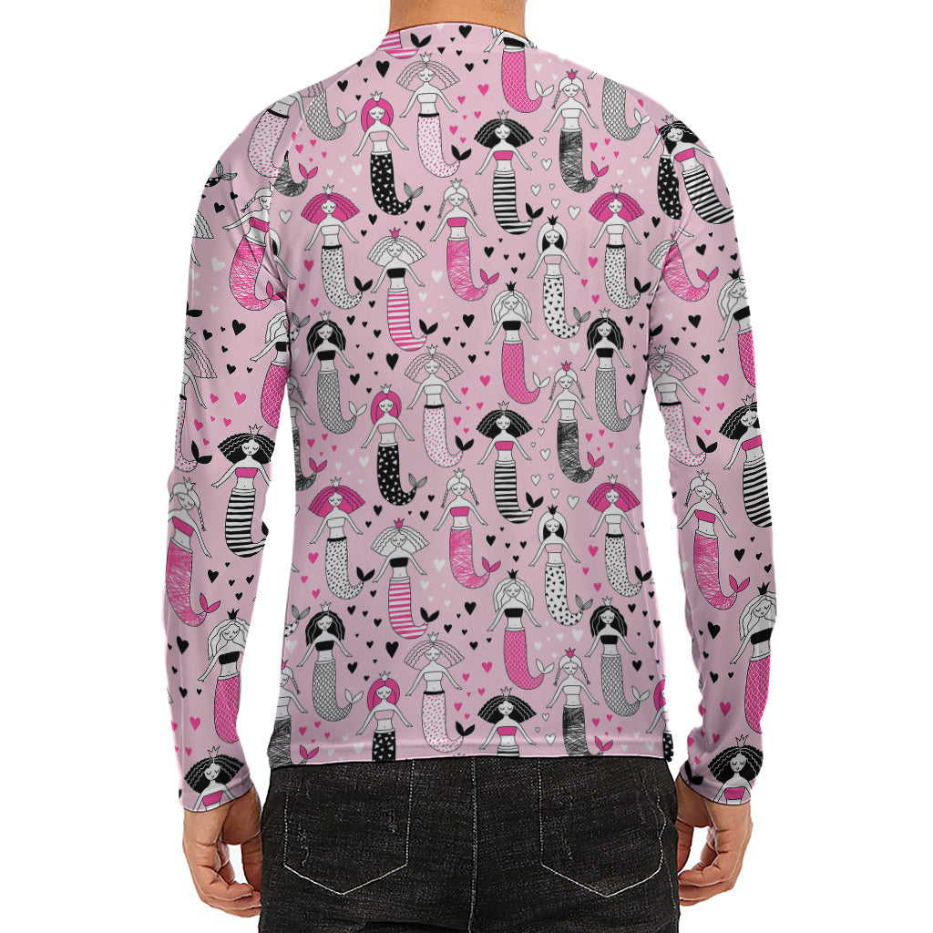 Pink Girly Mermaid Pattern Print Men's Long Sleeve Rash Guard