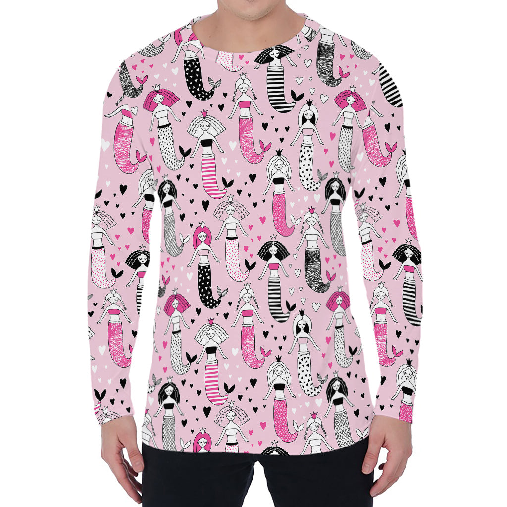 Pink Girly Mermaid Pattern Print Men's Long Sleeve T-Shirt