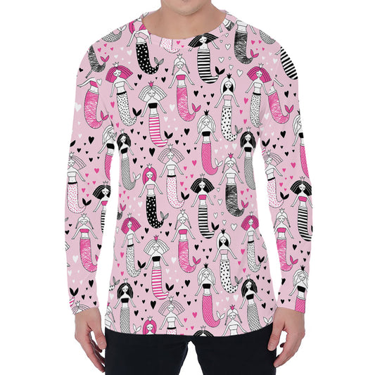 Pink Girly Mermaid Pattern Print Men's Long Sleeve T-Shirt