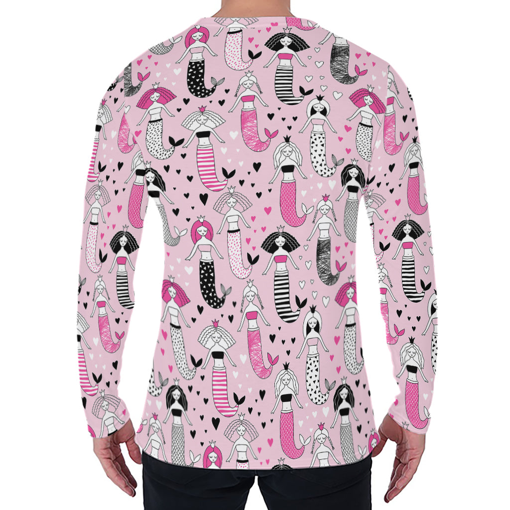 Pink Girly Mermaid Pattern Print Men's Long Sleeve T-Shirt