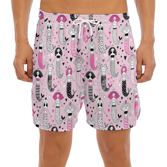 Pink Girly Mermaid Pattern Print Men's Split Running Shorts
