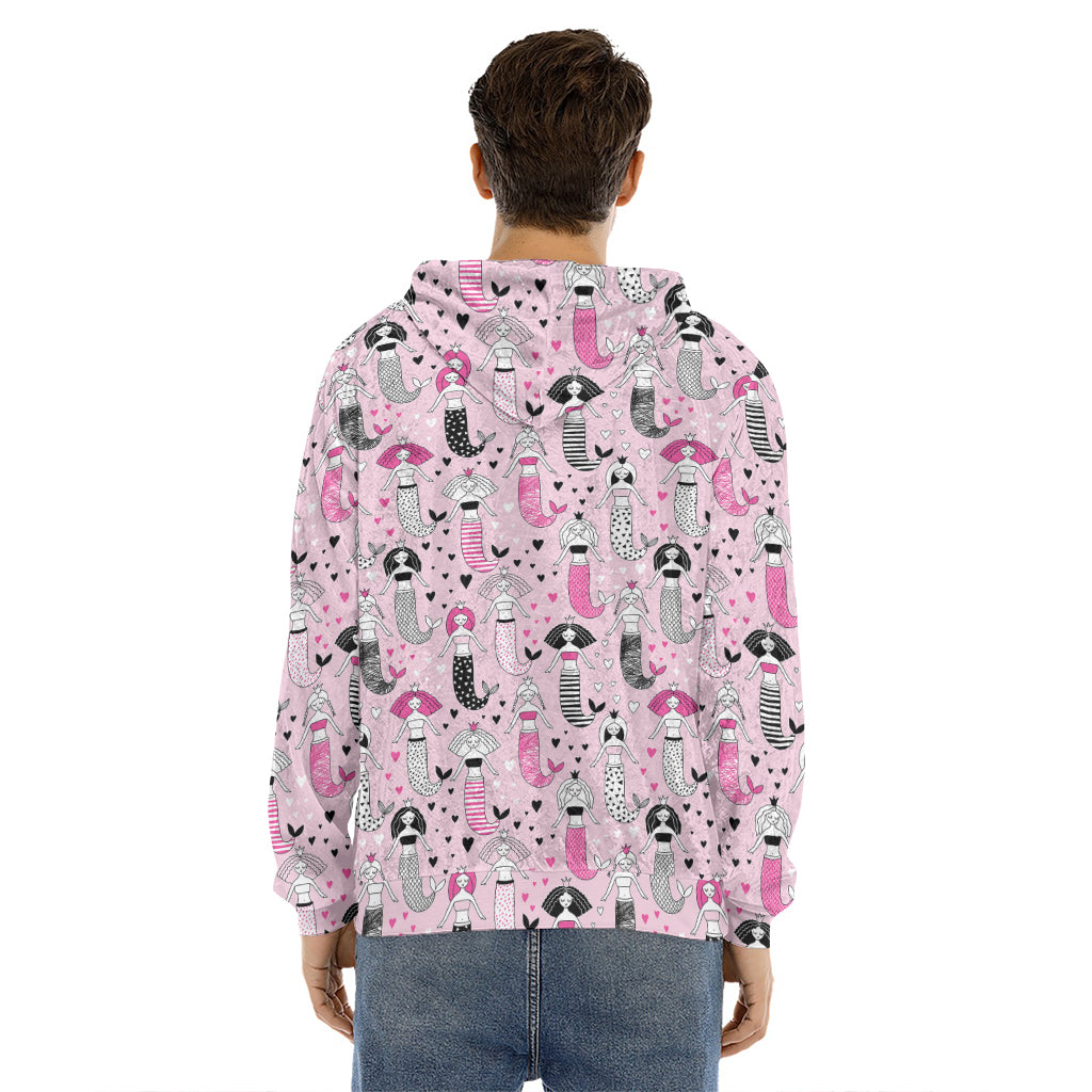 Pink Girly Mermaid Pattern Print Men's Velvet Pullover Hoodie