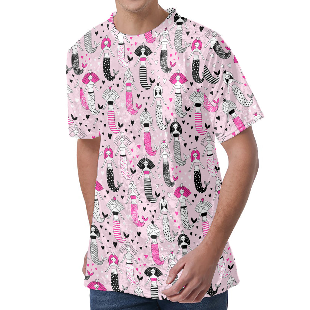 Pink Girly Mermaid Pattern Print Men's Velvet T-Shirt