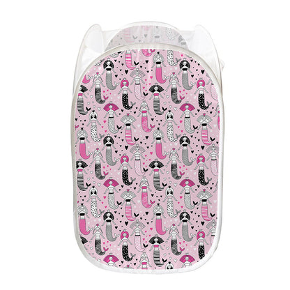 Pink Girly Mermaid Pattern Print Mesh Laundry Hamper