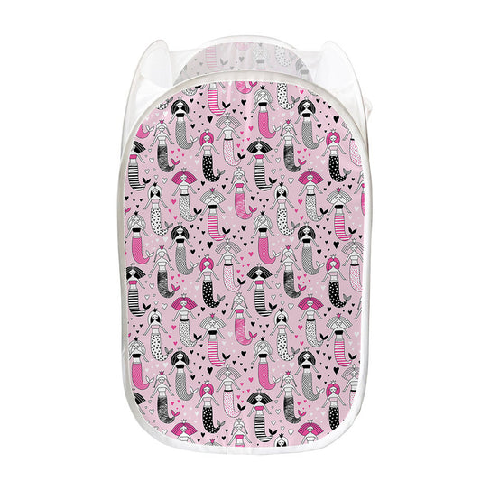 Pink Girly Mermaid Pattern Print Mesh Laundry Hamper