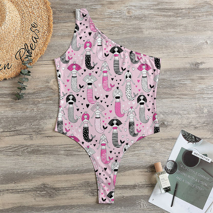 Pink Girly Mermaid Pattern Print One Shoulder Bodysuit