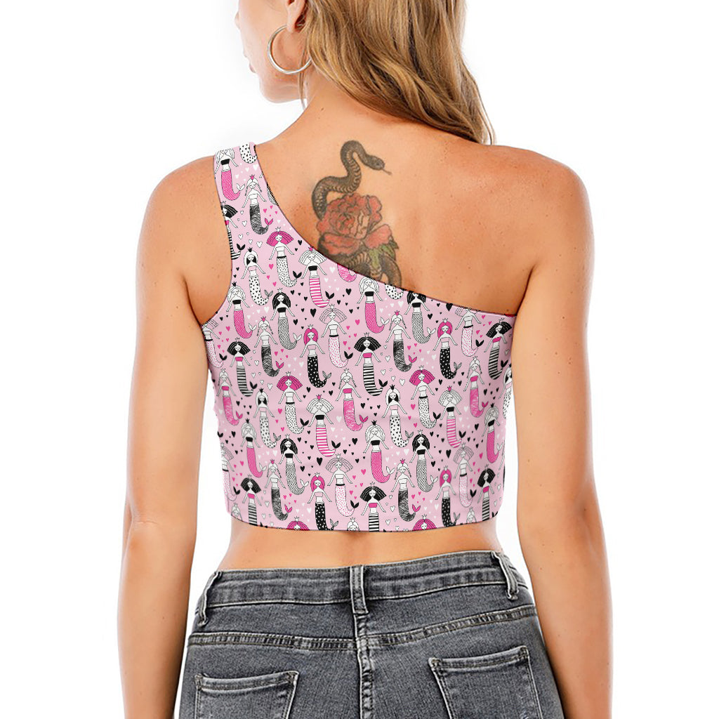 Pink Girly Mermaid Pattern Print One Shoulder Crop Top