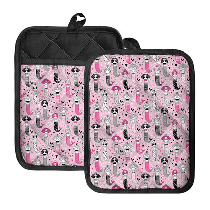 Pink Girly Mermaid Pattern Print Pot Holders With Pocket