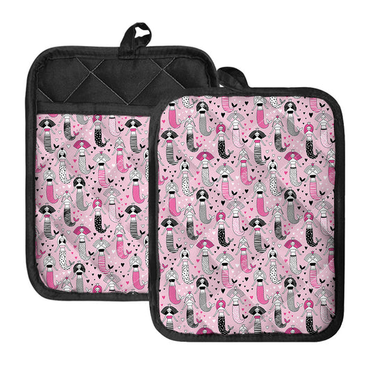 Pink Girly Mermaid Pattern Print Pot Holders With Pocket