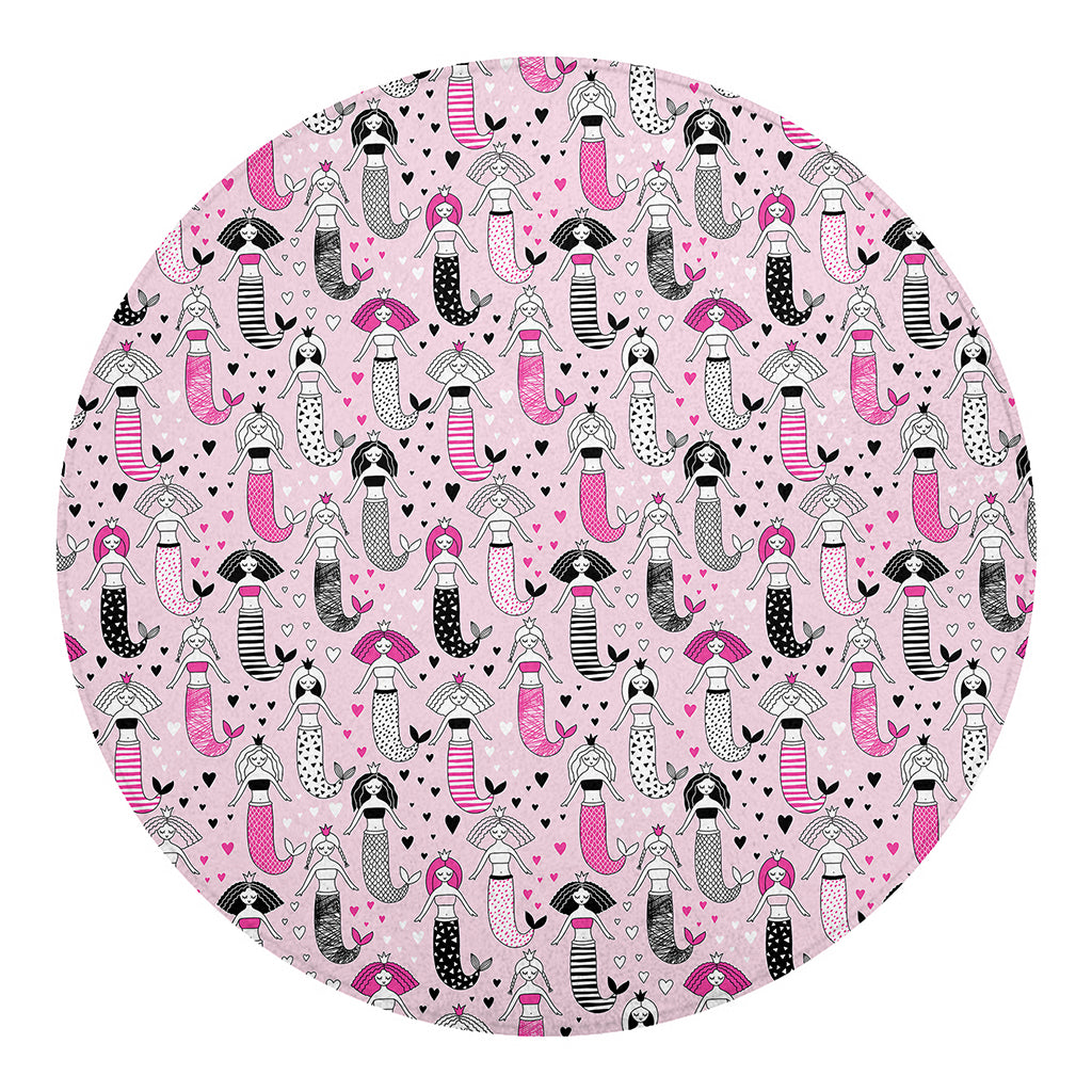 Pink Girly Mermaid Pattern Print Round Blanket
