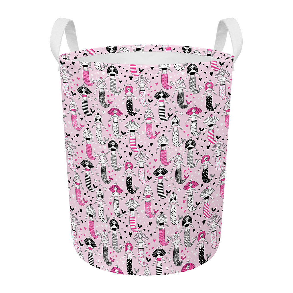 Pink Girly Mermaid Pattern Print Round Laundry Basket