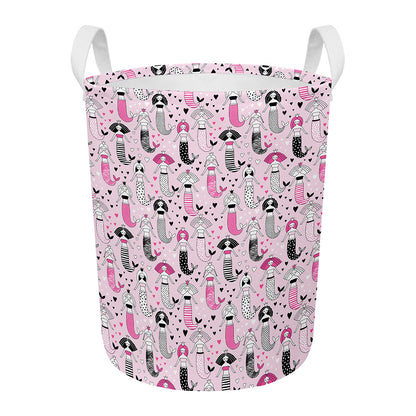 Pink Girly Mermaid Pattern Print Round Laundry Basket