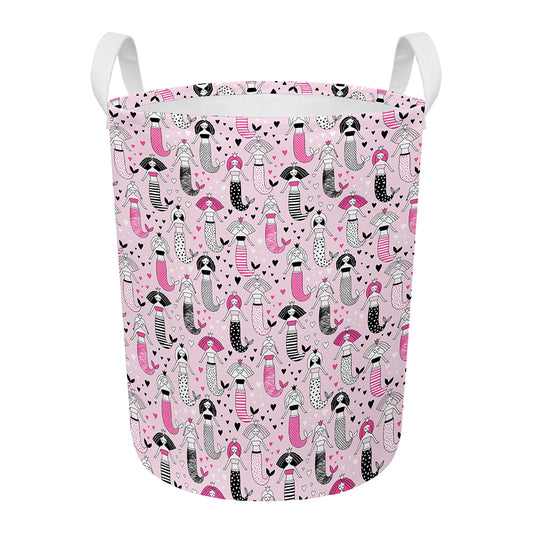 Pink Girly Mermaid Pattern Print Round Laundry Basket