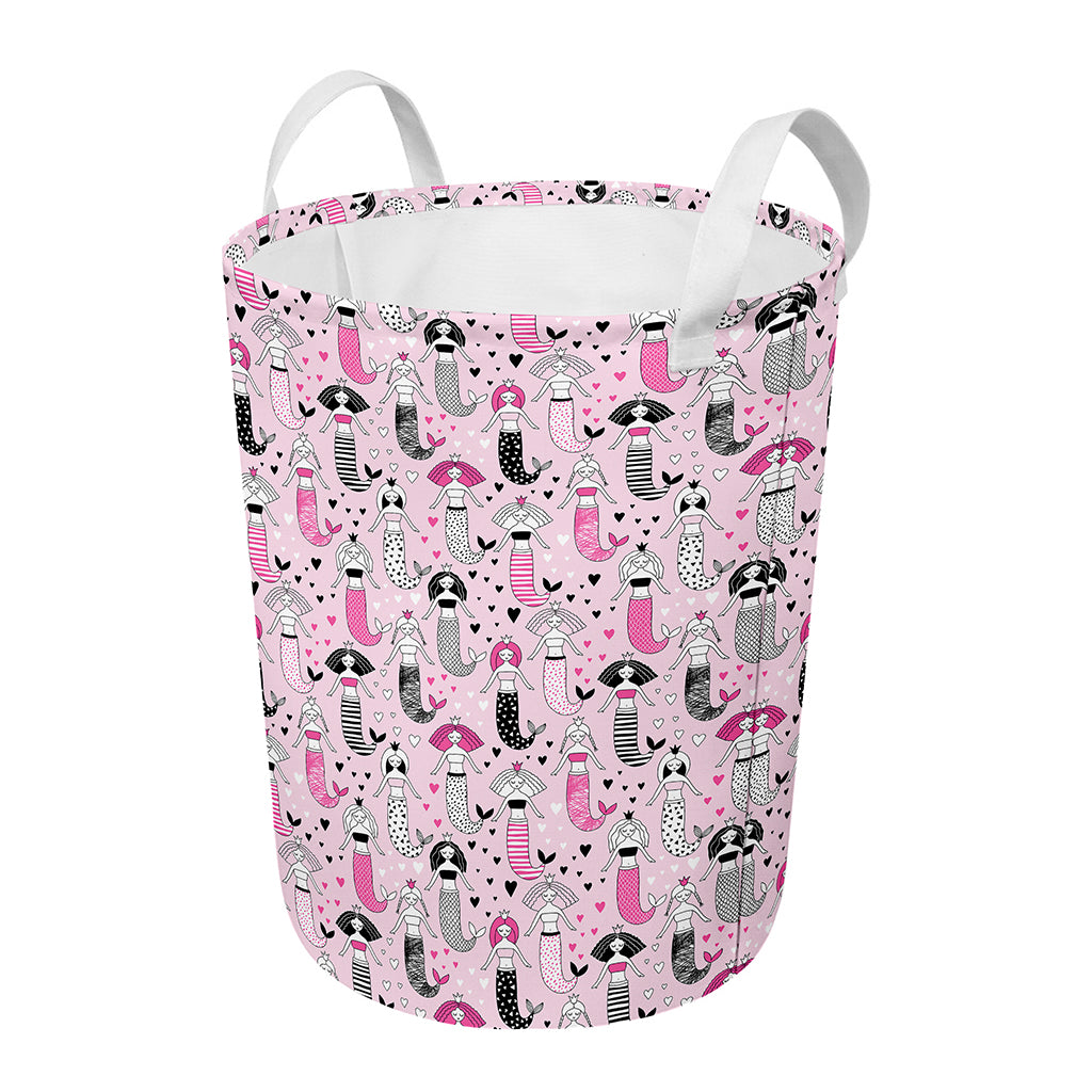 Pink Girly Mermaid Pattern Print Round Laundry Basket