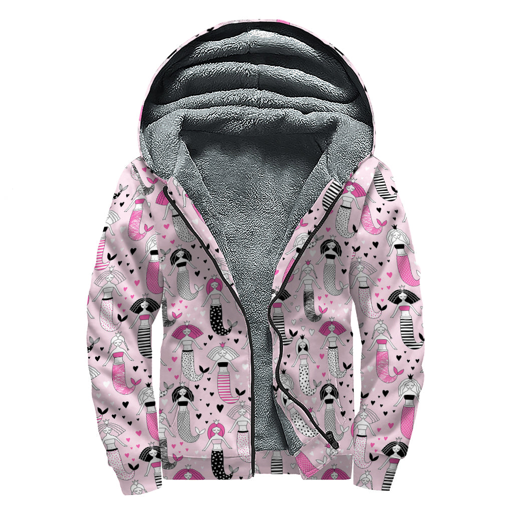Pink Girly Mermaid Pattern Print Sherpa Lined Zip Up Hoodie
