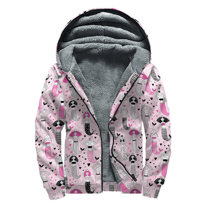 Pink Girly Mermaid Pattern Print Sherpa Lined Zip Up Hoodie