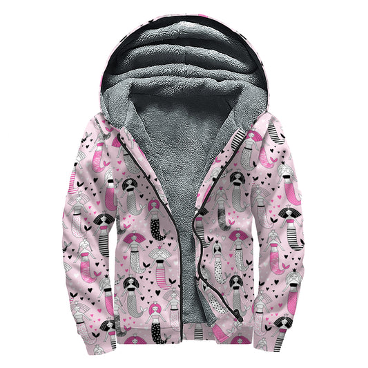 Pink Girly Mermaid Pattern Print Sherpa Lined Zip Up Hoodie