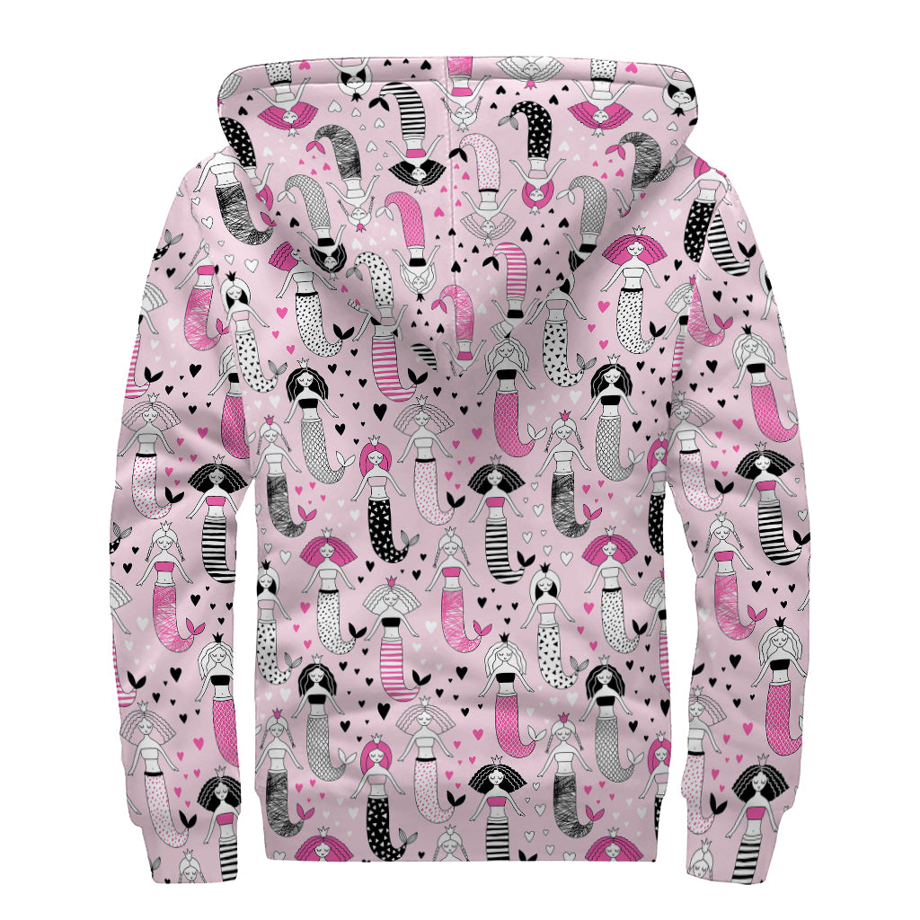 Pink Girly Mermaid Pattern Print Sherpa Lined Zip Up Hoodie