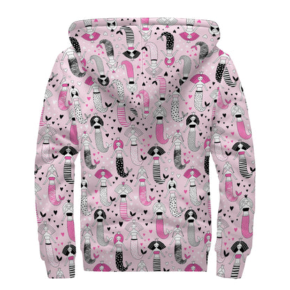 Pink Girly Mermaid Pattern Print Sherpa Lined Zip Up Hoodie