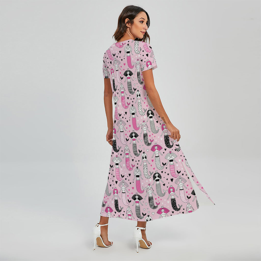 Pink Girly Mermaid Pattern Print Short Sleeve Maxi Dress