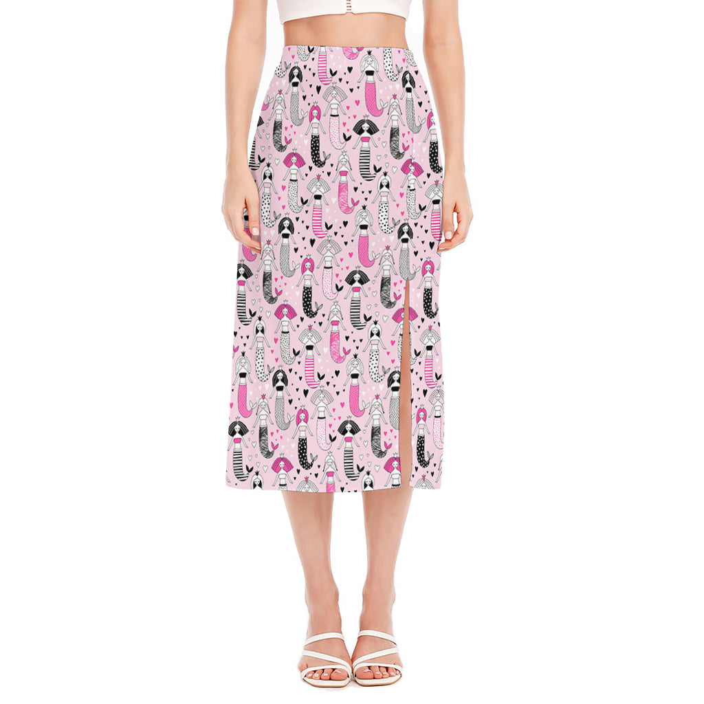 Pink Girly Mermaid Pattern Print Side Slit Midi Skirt