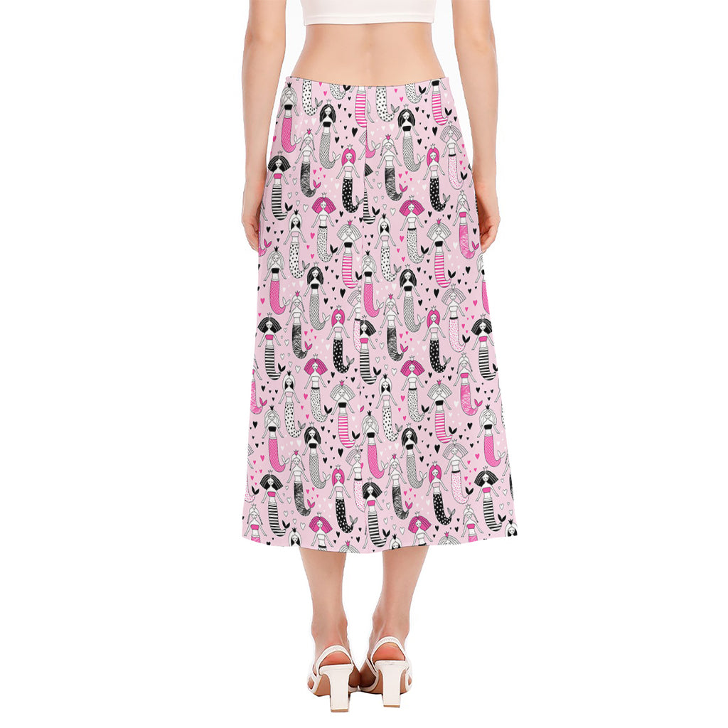 Pink Girly Mermaid Pattern Print Side Slit Midi Skirt