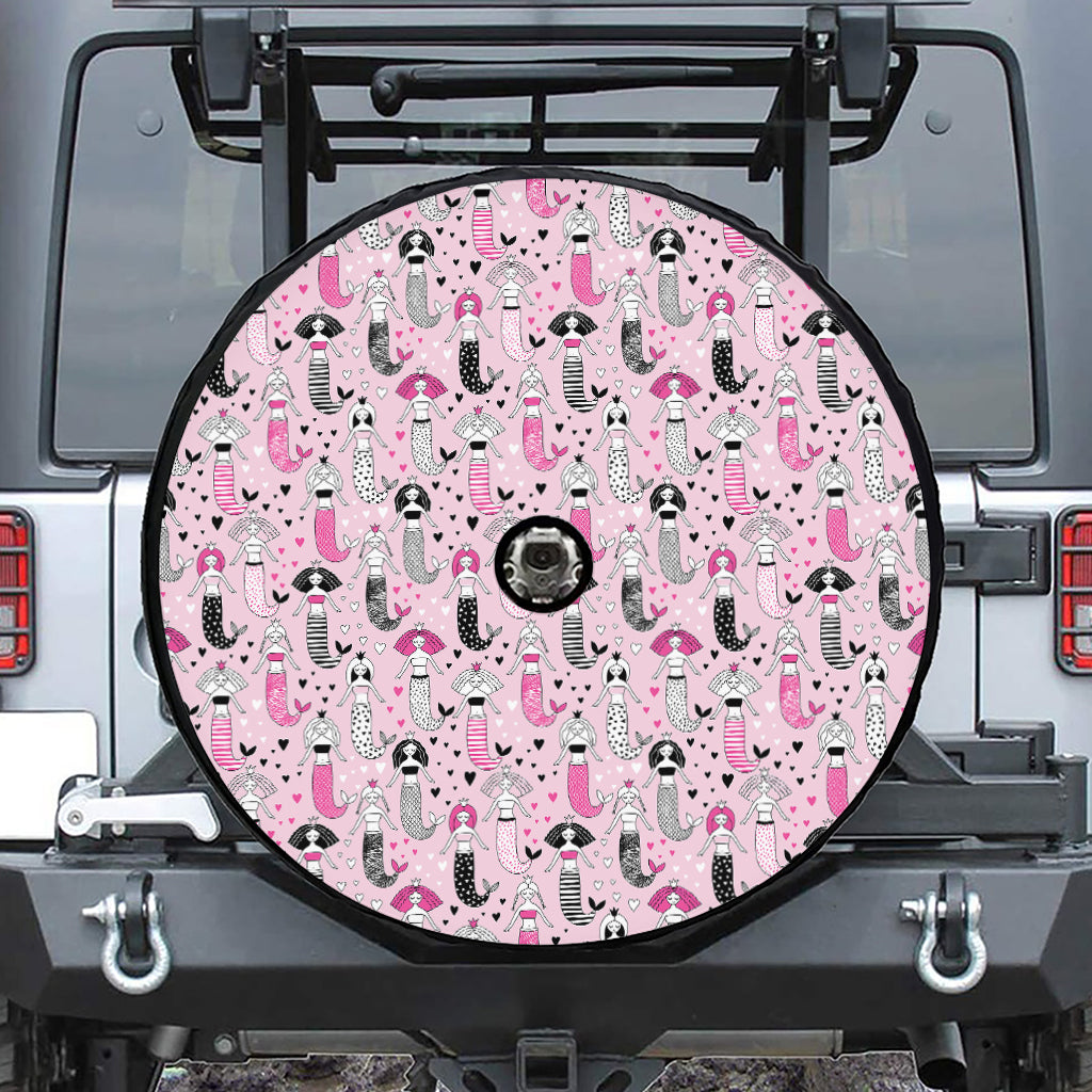 Pink Girly Mermaid Pattern Print Tire Cover With Camera Hole