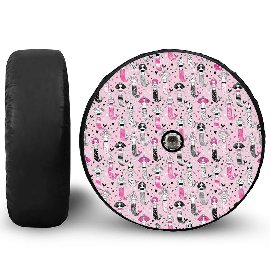 Pink Girly Mermaid Pattern Print Tire Cover With Camera Hole