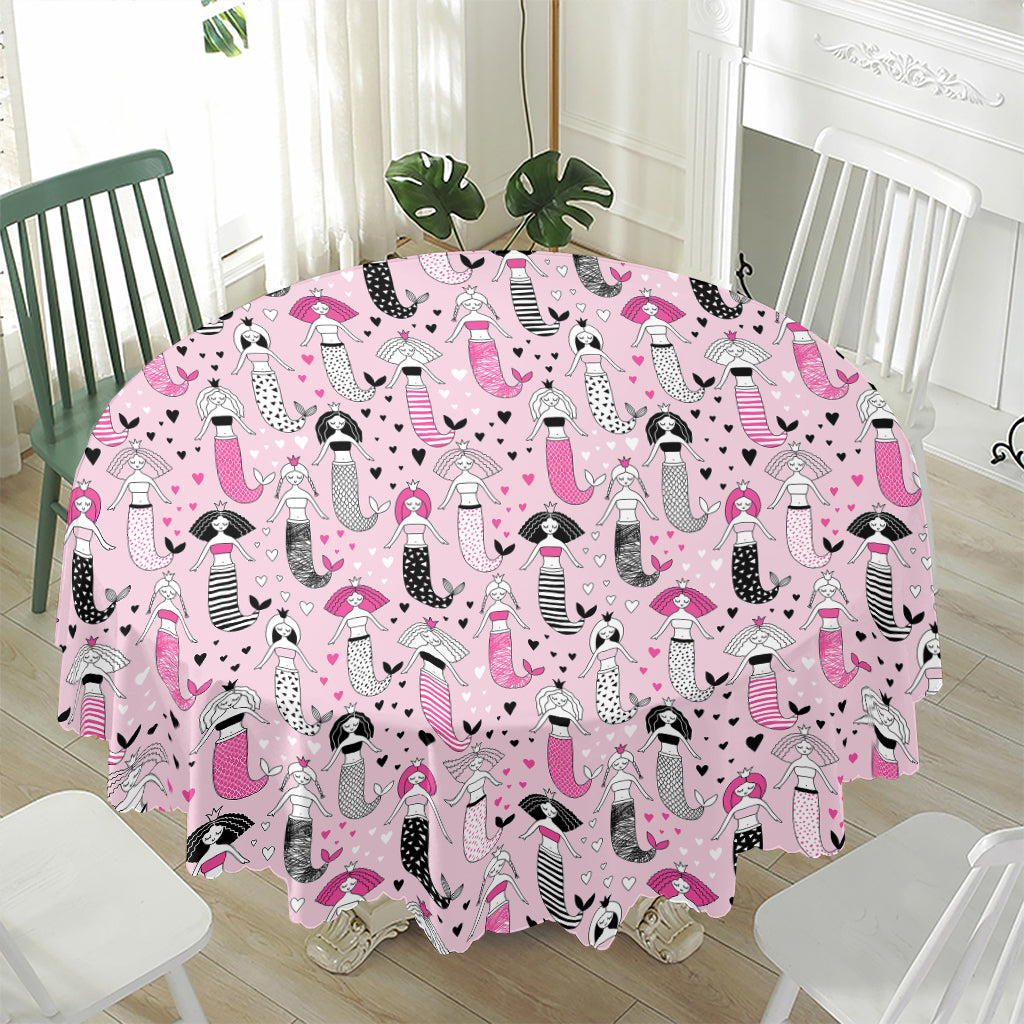 Pink Girly Mermaid Pattern Print Waterproof Round Tablecloth