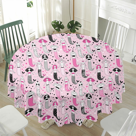 Pink Girly Mermaid Pattern Print Waterproof Round Tablecloth