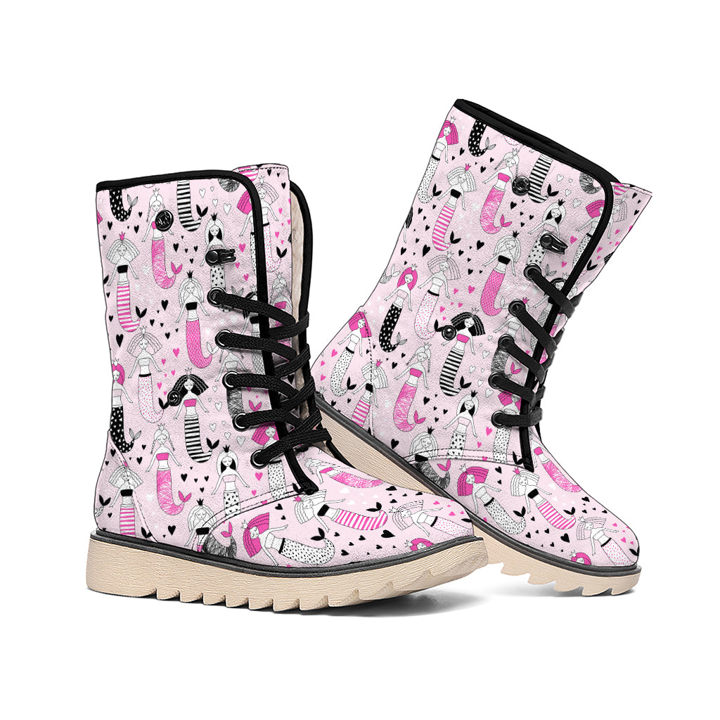 Pink Girly Mermaid Pattern Print Winter Boots