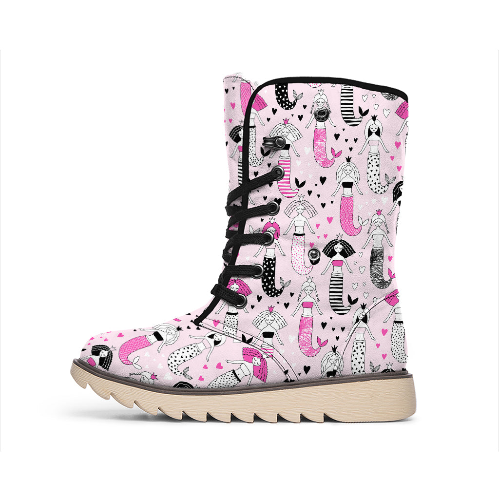 Pink Girly Mermaid Pattern Print Winter Boots
