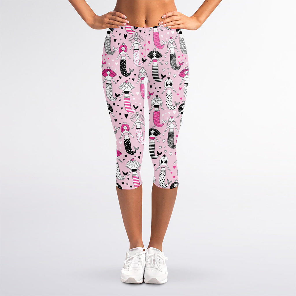 Pink Girly Mermaid Pattern Print Women's Capri Leggings