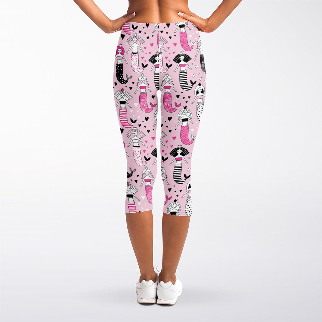 Pink Girly Mermaid Pattern Print Women's Capri Leggings