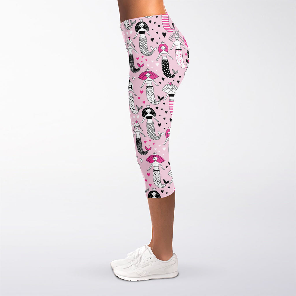 Pink Girly Mermaid Pattern Print Women's Capri Leggings