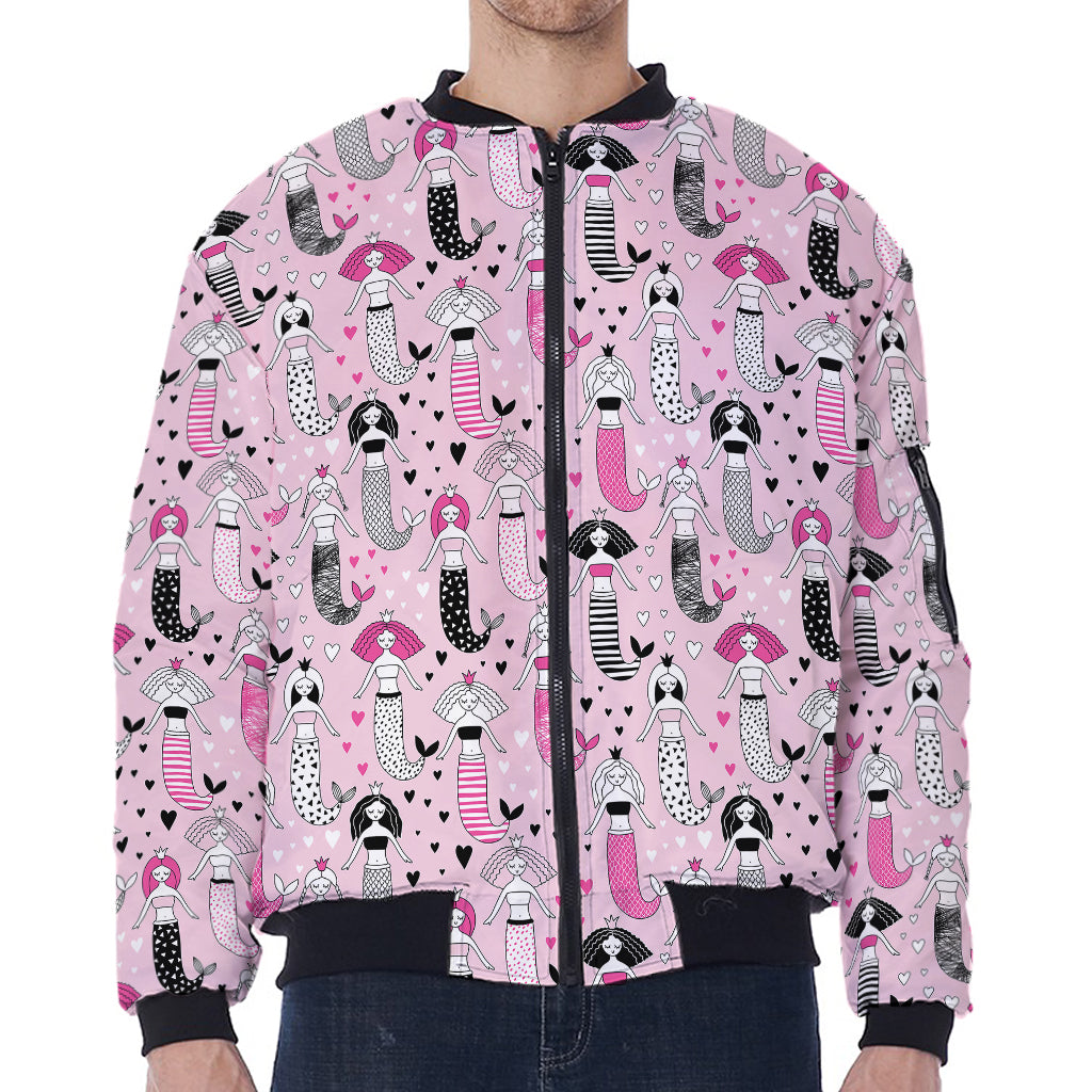 Pink Girly Mermaid Pattern Print Zip Sleeve Bomber Jacket