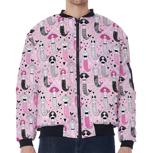 Pink Girly Mermaid Pattern Print Zip Sleeve Bomber Jacket