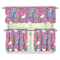 Pink Girly Unicorn Donut Pattern Print 3 Piece Kitchen Curtains