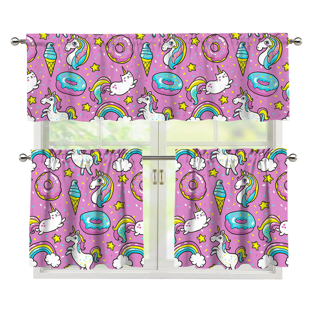 Pink Girly Unicorn Donut Pattern Print 3 Piece Kitchen Curtains