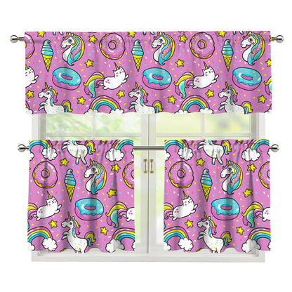 Pink Girly Unicorn Donut Pattern Print 3 Piece Kitchen Curtains