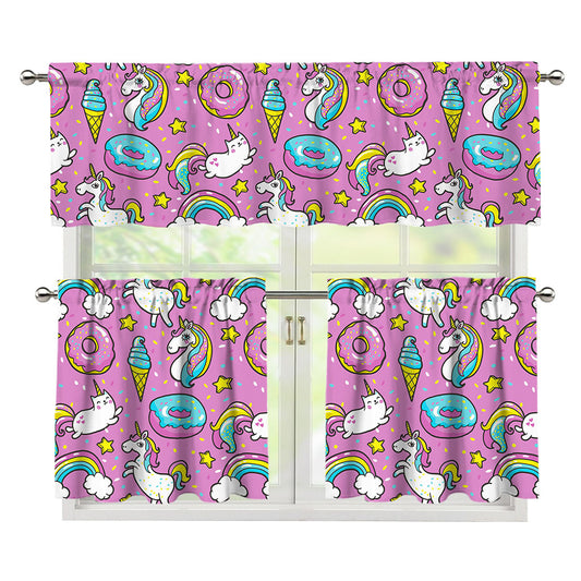 Pink Girly Unicorn Donut Pattern Print 3 Piece Kitchen Curtains