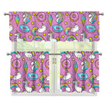 Pink Girly Unicorn Donut Pattern Print 3 Piece Kitchen Curtains
