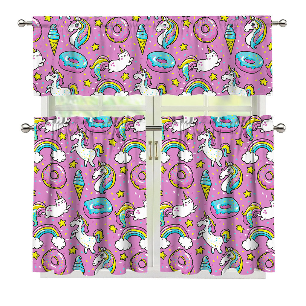 Pink Girly Unicorn Donut Pattern Print 3 Piece Kitchen Curtains