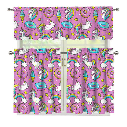 Pink Girly Unicorn Donut Pattern Print 3 Piece Kitchen Curtains