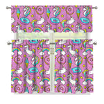 Pink Girly Unicorn Donut Pattern Print 3 Piece Kitchen Curtains