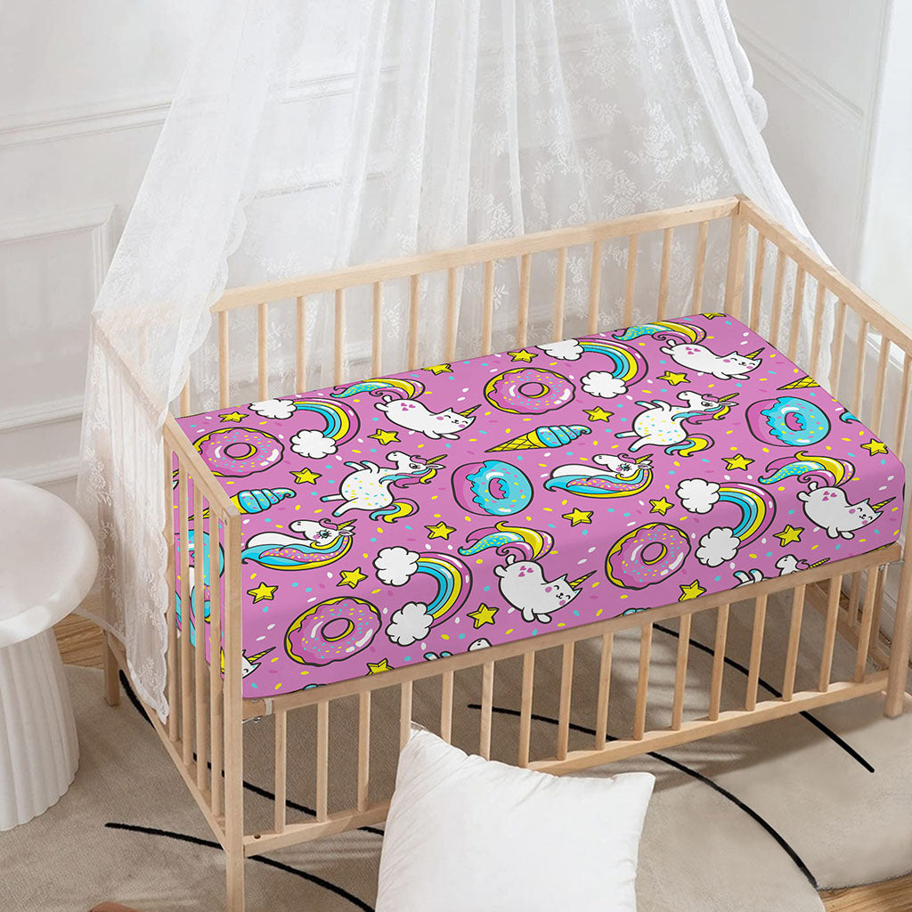 Pink Girly Unicorn Donut Pattern Print Baby Crib Sheet