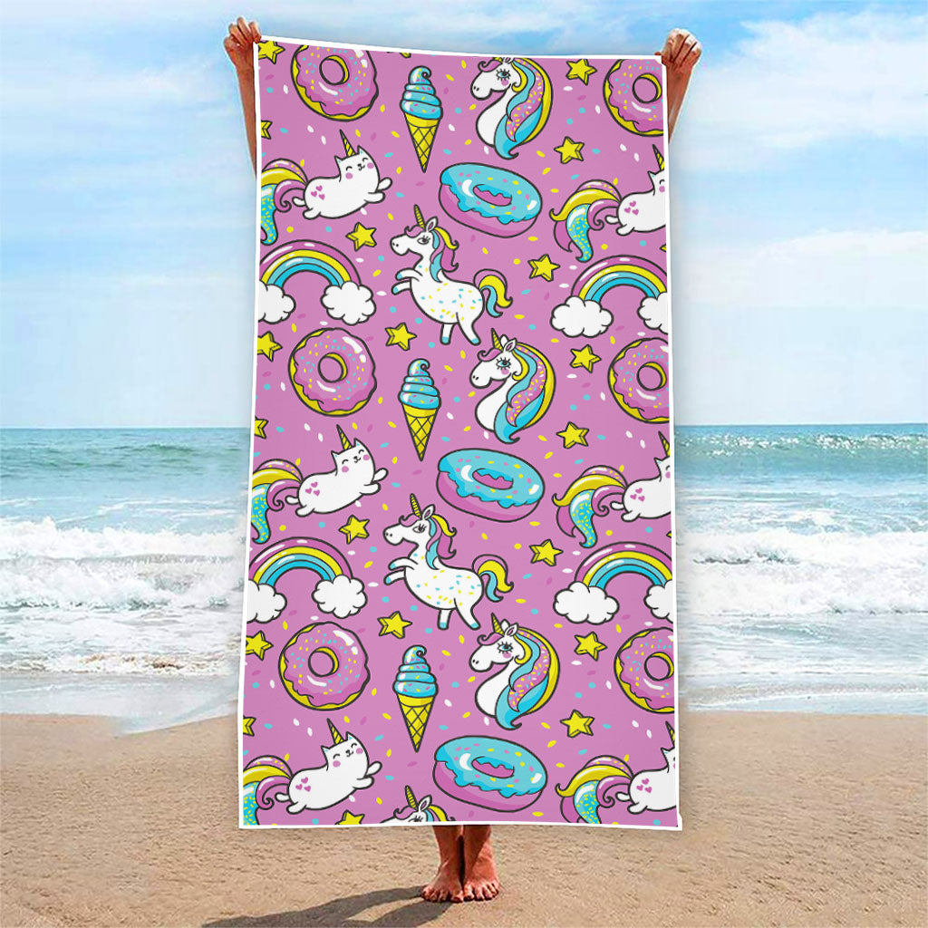 Pink Girly Unicorn Donut Pattern Print Beach Towel